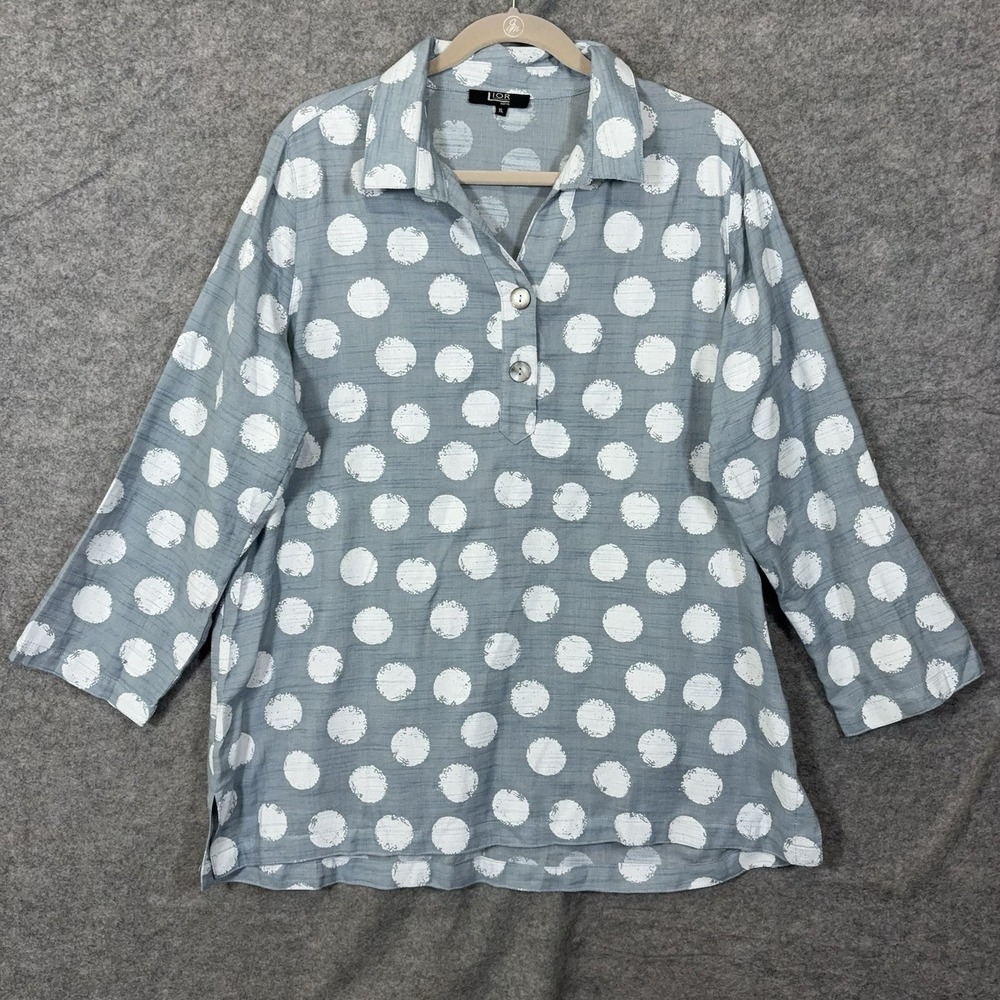 LIOR PARIS Tunic Blouse Womens XL Blue Gray Circle Print Roll Tab Sleeve